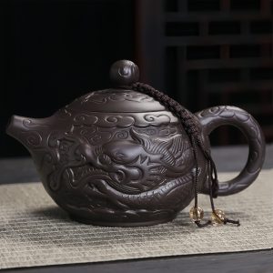 Chinese Antique Yixing Zisha Year Of The Dragon Teapot And Tea Boat Set Relief Auspicious Dragon Pattern