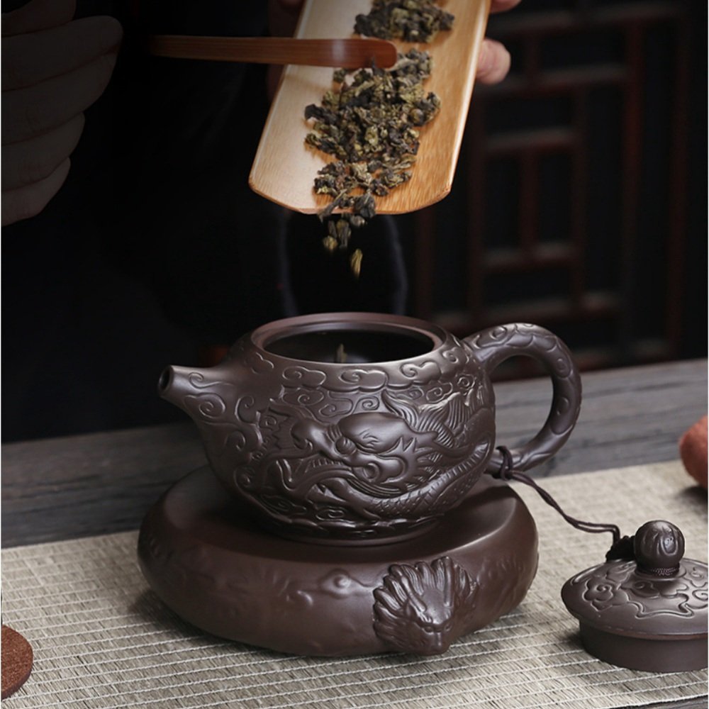 Chinese Antique Yixing Zisha Year Of The Dragon Teapot And Tea Boat Set Relief Auspicious Dragon Pattern Chinese Antique Yixing Zisha Year Of The Dragon Teapot And Tea Boat Set Relief Auspicious Dragon Pattern