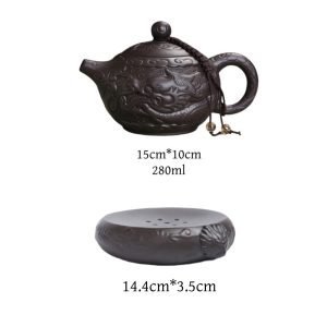 Chinese Antique Yixing Zisha Year Of The Dragon Teapot And Tea Boat Set Relief Auspicious Dragon Pattern