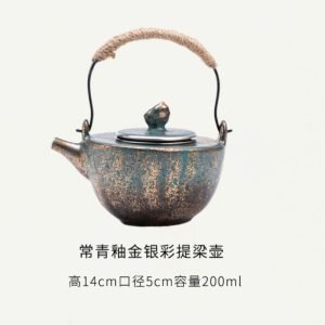 Green And Golden Rust Iron Glaze Handmade Japanese Ceramic Teapot With Weave Handle