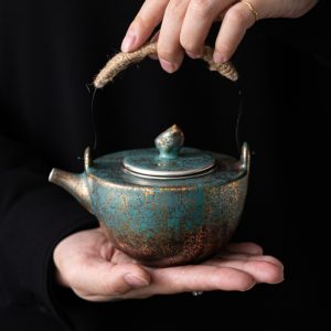 Green And Golden Rust Iron Glaze Handmade Japanese Ceramic Teapot With Weave Handle