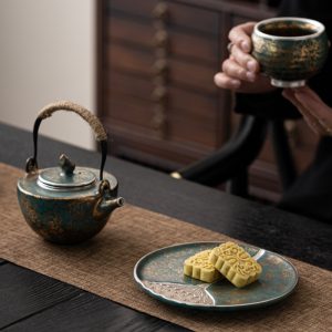 Green And Golden Rust Iron Glaze Handmade Japanese Ceramic Teapot With Weave Handle