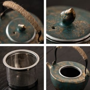 Green And Golden Rust Iron Glaze Handmade Japanese Ceramic Teapot With Weave Handle