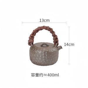 Handmade Traditional Japanese Style Pottery Teapot With Weave Bamboo Handle