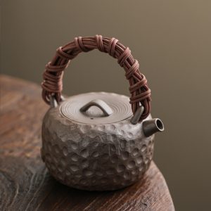 Handmade Traditional Japanese Style Pottery Teapot With Weave Bamboo Handle