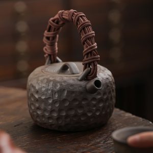 Handmade Traditional Japanese Style Pottery Teapot With Weave Bamboo Handle