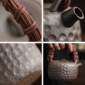 Handmade Traditional Japanese Style Pottery Teapot With Weave Bamboo Handle