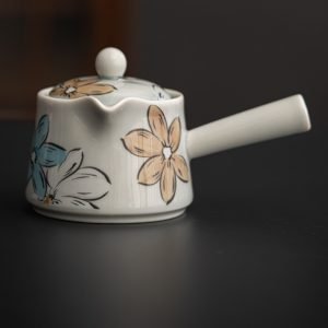 Ice Ash Glaze Side Hand Painted Flower Handle Japanese Ceramic Tea Kettle