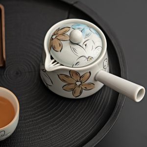 Ice Ash Glaze Side Hand Painted Flower Handle Japanese Ceramic Tea Kettle