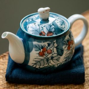 Mino Yaki Hand Painted Leaf Vintage Ceramic Japanese Tea Kettle With Rabbit Lid