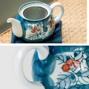 Mino Yaki Hand Painted Leaf Vintage Ceramic Japanese Tea Kettle With Rabbit Lid