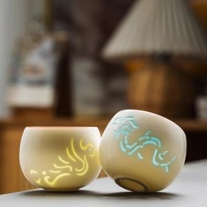 White Ceramic Hollowed Out Delicate Glaze Chinese Simplified Dragon And Phoenix Theme Gongfu Tea Cup