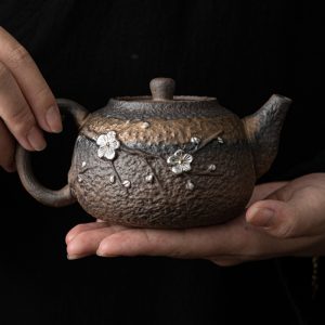 Rust Iron Glaze Rough Pottery Plum Pattern Traditional Antique Japanese Tea Pot For Sale