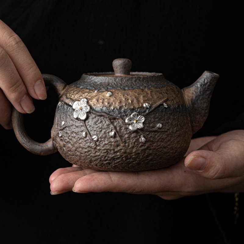 Rust Iron Glaze Rough Pottery Plum Pattern Traditional Antique Japanese Tea Pot For Sale Rust Iron Glaze Rough Pottery Plum Pattern Traditional Antique Japanese Tea Pot For Sale