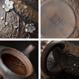 Rust Iron Glaze Rough Pottery Plum Pattern Traditional Antique Japanese Tea Pot For Sale