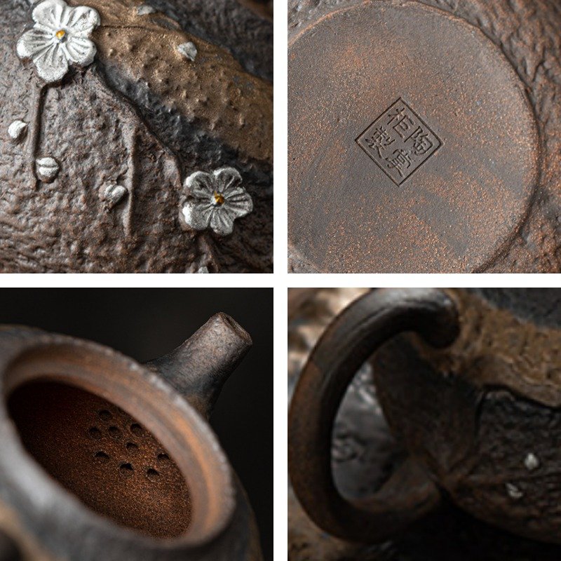 Rust Iron Glaze Rough Pottery Plum Pattern Traditional Antique Japanese Tea Pot For Sale Rust Iron Glaze Rough Pottery Plum Pattern Traditional Antique Japanese Tea Pot For Sale