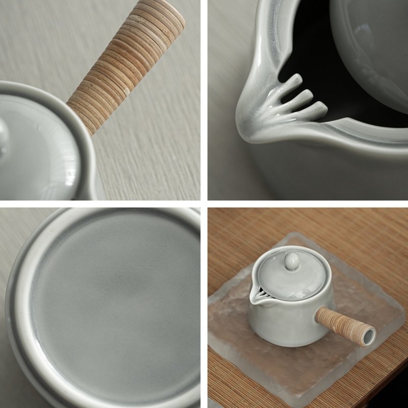 Small Best Vintage Ice Ash Glaze Japanese Tea Kettle With Weave Side Handle Small Best Vintage Ice Ash Glaze Japanese Tea Kettle With Weave Side Handle