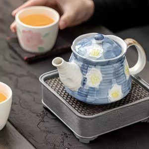 Small Blue Hand Painted Flower Pattern Ceramic Japanese Style Teapot For Sale