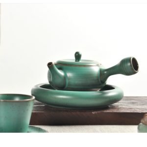 Small Handmade Green Ceramic Zen Side Handle Japanese Traditional Teapot Kyusu Antique