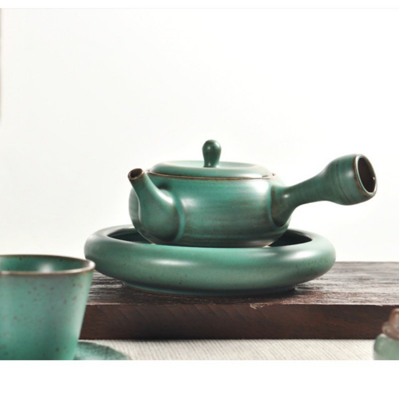 Small Handmade Green Ceramic Zen Side Handle Japanese Traditional Teapot Kyusu Antique Small Handmade Green Ceramic Zen Side Handle Japanese Traditional Teapot Kyusu Antique