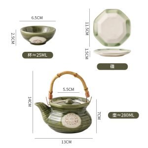 Vintage Green Ceramic Japanese Tea Kettle Set With Bamboo Handle