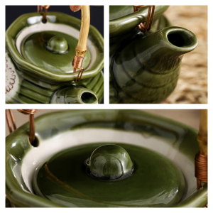 Vintage Green Ceramic Japanese Tea Kettle Set With Bamboo Handle