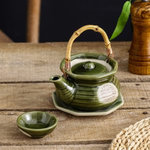 Vintage Green Ceramic Japanese Tea Kettle Set With Bamboo Handle
