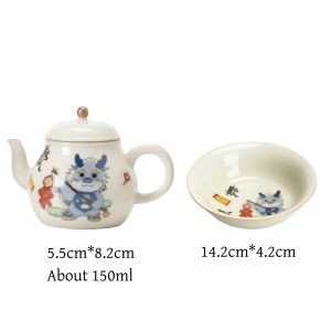 Vintage Porcelain Pear-shaped Year Of The Japanese Dragon Teapot And Tea Boat Set With Cute Cartoon Dragon Pattern