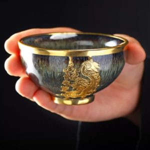 Vintage Gold Inlaid Jade Dragon Tenmoku Jianzhan Ceramic Tea Ware Tea Cup