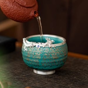 Vintage Year Of The Dragon Green Ceramic Kiln Change Tea Cup With Silver Dragon Figurine