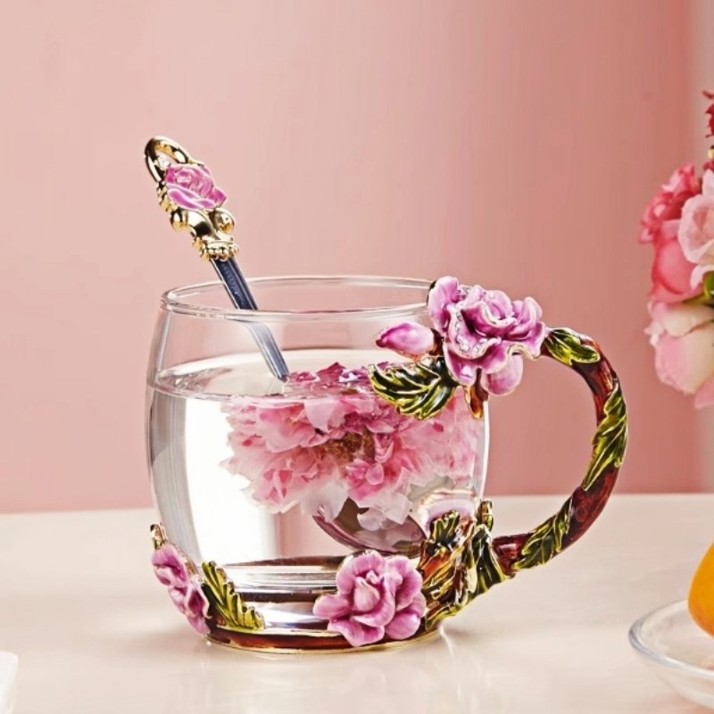 English Colour Enamels Old Country Pink Rose Clear Glass Tea Cup Set With Rose Bush Saucers English Colour Enamels Old Country Pink Rose Clear Glass Tea Cup Set With Rose Bush Saucers