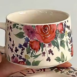 English Vintage Ceramic Red Rose Tea Cups Mug Set And Rose Bush Saucers For Sale