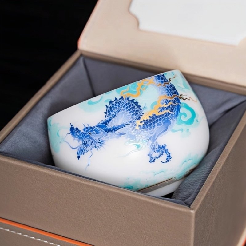 Ice Jade Porcelain Tea Ceremony Accessories Elegant Blue Chinese Dragon Pagttern Master Tea Cup Ice Jade Porcelain Tea Ceremony Accessories Elegant Blue Chinese Dragon Pagttern Master Tea Cup