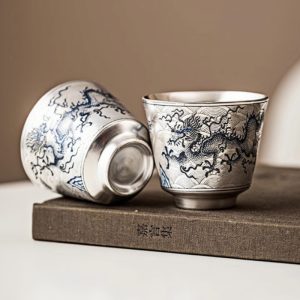 Antique Blue And White Porcelain Dragon Pattern Silver Gilding Japanese Tea Cup