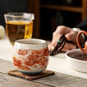 Japanese Vintage Underglaze Red The Flourishing Era Of The Rising Dragon Porcelain Tea Cups