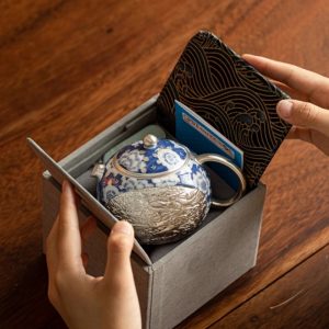 Japanese Vintage Relief Silver Dragon And Phoenix Ceramic Teapot Blue And White Pattern