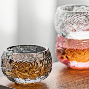 Vintage Relief Grey And Pink Rose Crystal Glass Master Gongfu Tea Cups Of Fortune For Sale