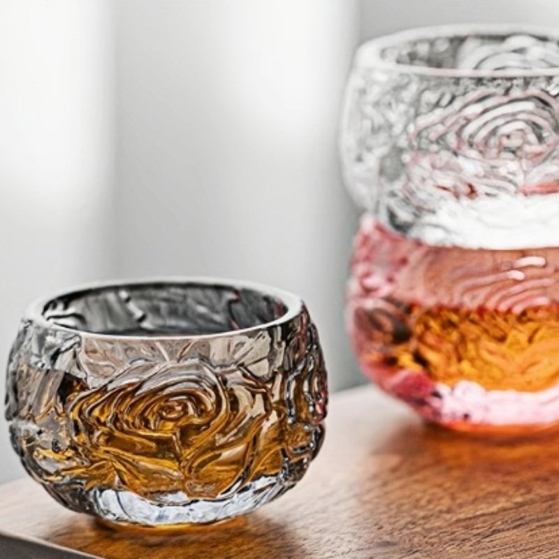 Vintage Relief Grey And Pink Rose Crystal Glass Master Gongfu Tea Cups Of Fortune For Sale Vintage Relief Grey And Pink Rose Crystal Glass Master Gongfu Tea Cups Of Fortune For Sale