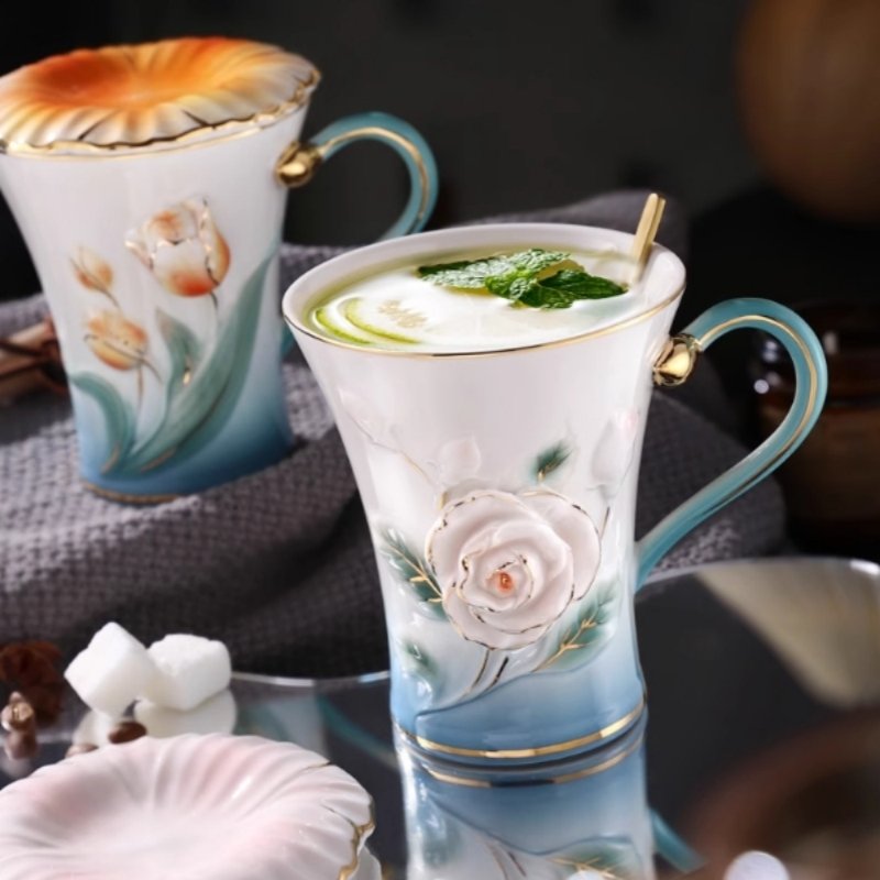 Chinese Handcraft Blue Ceramic Tea Mug Cup Set With Relief Red Roses Plant For Sale Chinese Handcraft Blue Ceramic Tea Mug Cup Set With Relief Red Roses Plant For Sale