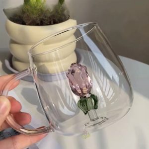 Clear Class Pink Rose Cup Of Tea With Unique Stereoscopic Desert Rose Flower Mug