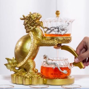Chinese Handmade Golden Turtle Glass Lazy Semi-automatic  Tea Cup Set Antique
