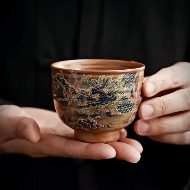 Rough Pottery Year Of The Dragon Tea Cup With Dragon Gaining Water Pattern Rough Pottery Year Of The Dragon Tea Cup With Dragon Gaining Water Pattern