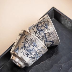 Antique Blue And White Porcelain Dragon Pattern Silver Gilding Japanese Tea Cup