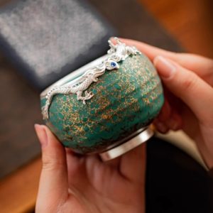 Vintage Year Of The Dragon Green Ceramic Kiln Change Tea Cup With Silver Dragon Figurine