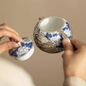 Japanese Vintage Relief Silver Dragon And Phoenix Ceramic Teapot Blue And White Pattern