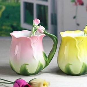 Cute Creative English Paragon Rose Shapede Cup Of Tea Mug With Rose Flower Spoon Set