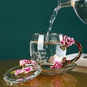 English Colour Enamels Old Country Pink Rose Clear Glass Tea Cup Set With Rose Bush Saucers
