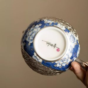 Japanese Vintage Relief Silver Dragon And Phoenix Ceramic Teapot Blue And White Pattern