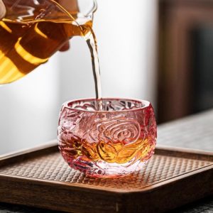 Vintage Relief Grey And Pink Rose Crystal Glass Master Gongfu Tea Cups Of Fortune For Sale