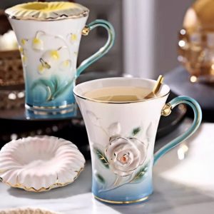 Chinese Handcraft Blue Ceramic Tea Mug Cup Set With Relief Red Roses Plant For Sale